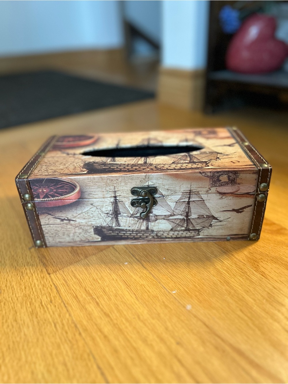 Vintage Nautical Decorative Tissue Box Cover, wood and leather